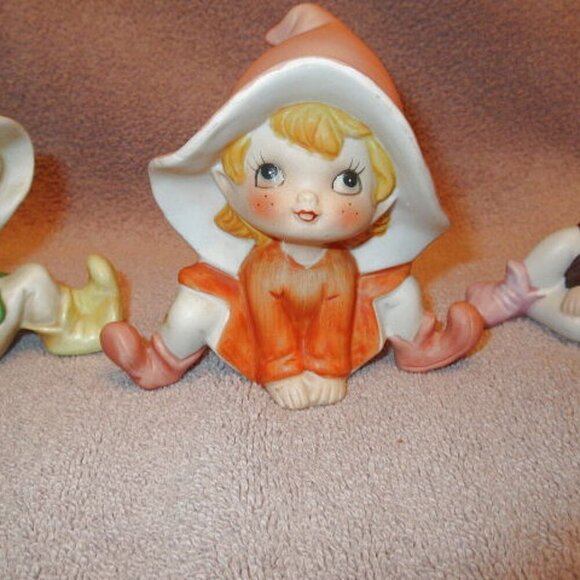 Vtg Homco Mushroom Pixie Elves Porcelain Garden Elf Figurines Set Of 3 MCM - Picture 3 of 8